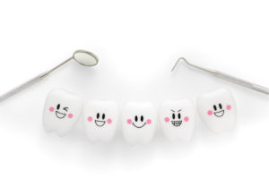 cartoon teethe with smiles on them and dental tools