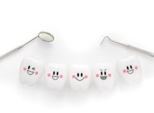 cartoon teethe with smiles on them and dental tools